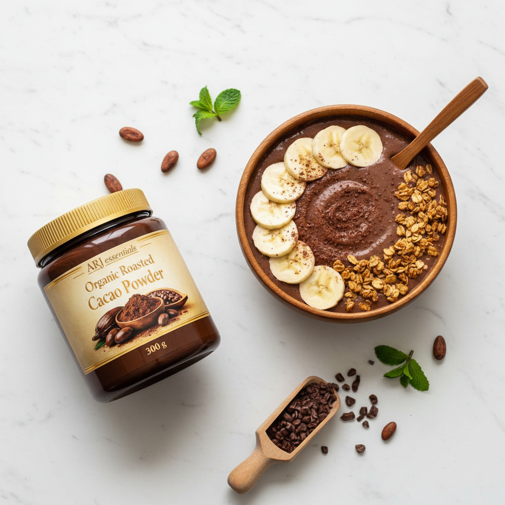 ARJ Organic Roasted Cacao Powder morning wellness flat lay with smoothie bowl and granola