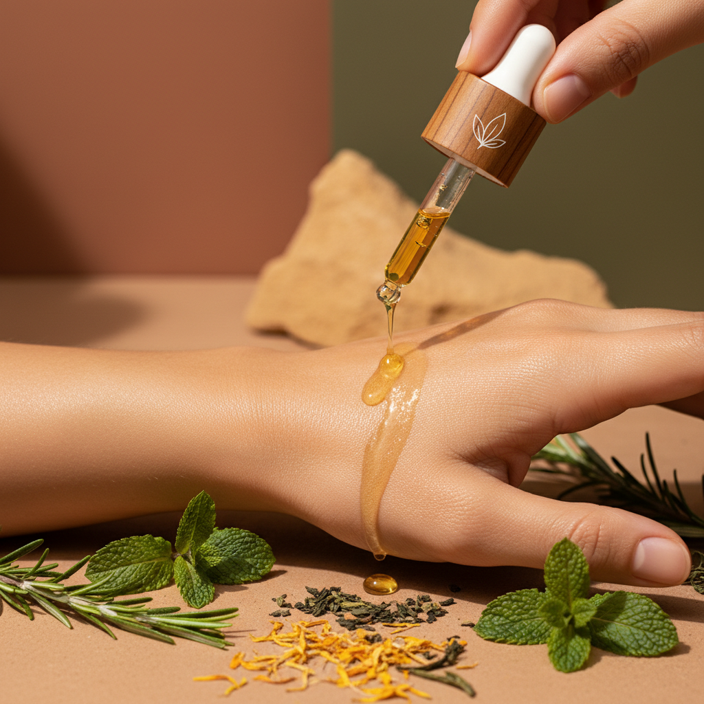 Close-up of tanning essence applied to glowing skin with herbs