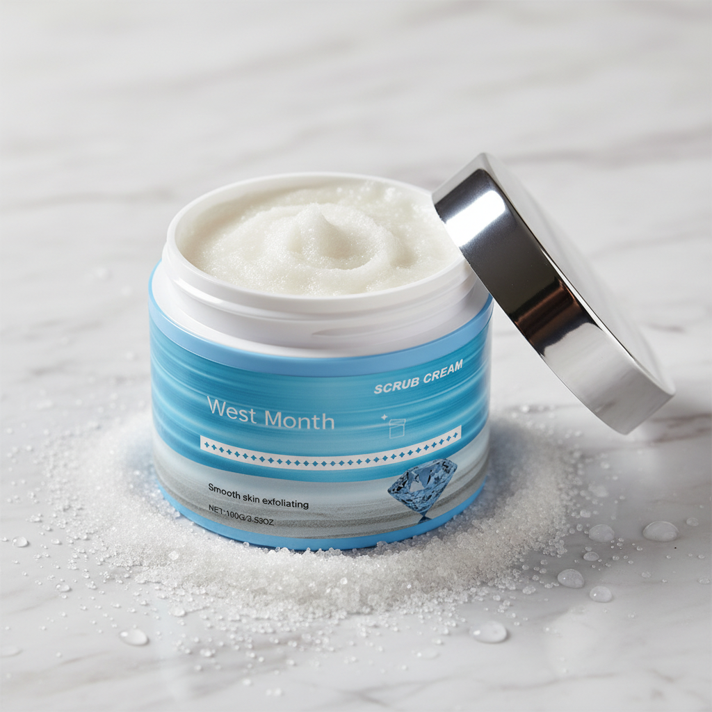 West Month Scrub Cream — open jar texture macro