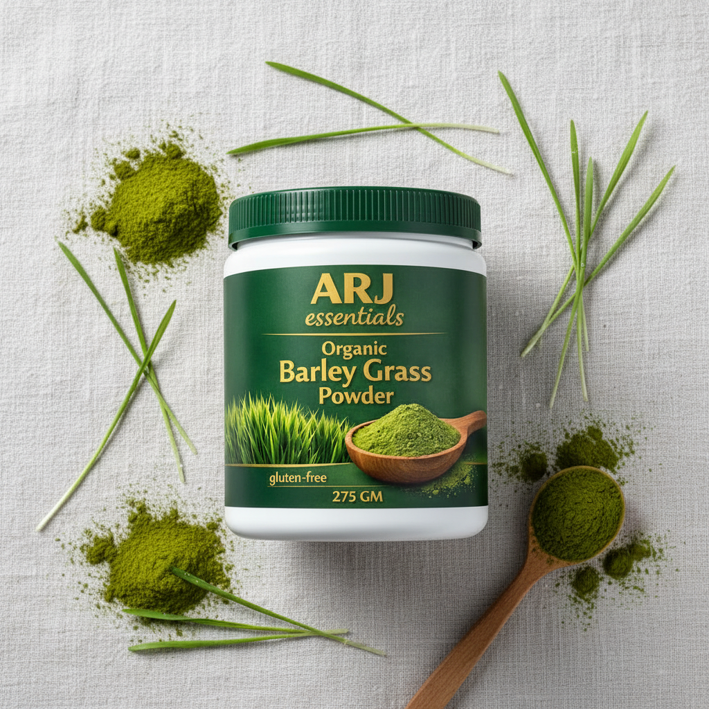 ARJ Organic Barley Grass Powder — powder flatlay on linen