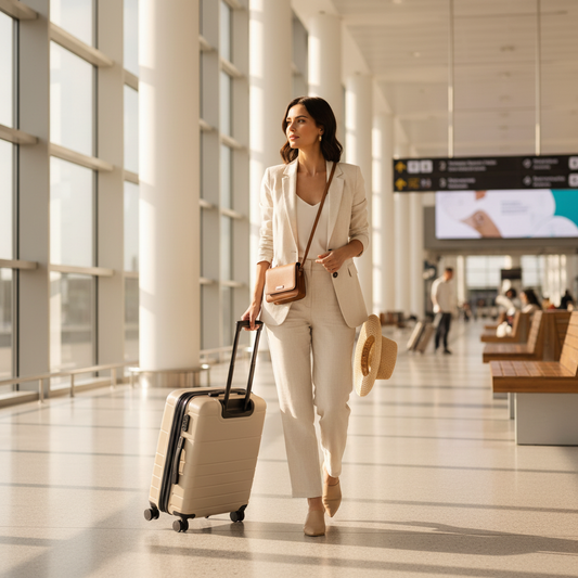 Stylish traveler at airport rolling beige ribbed hardshell suitcase