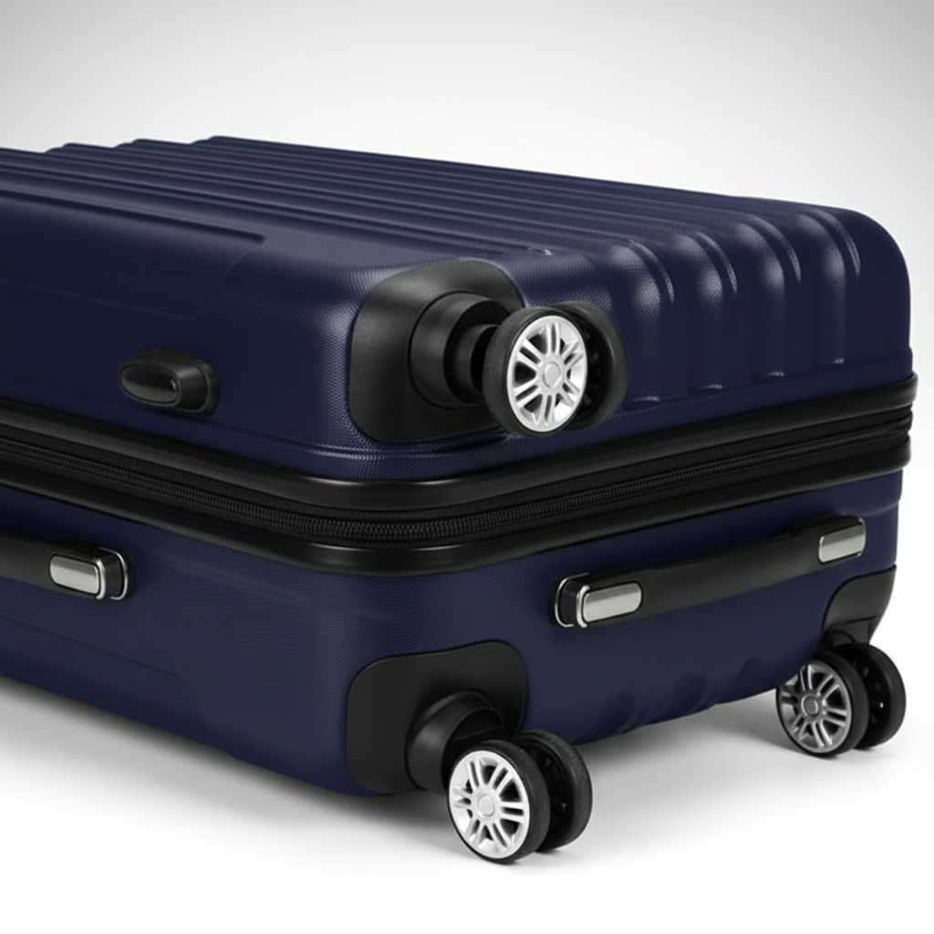 Close-up of navy blue suitcase spinner wheels and silver handle