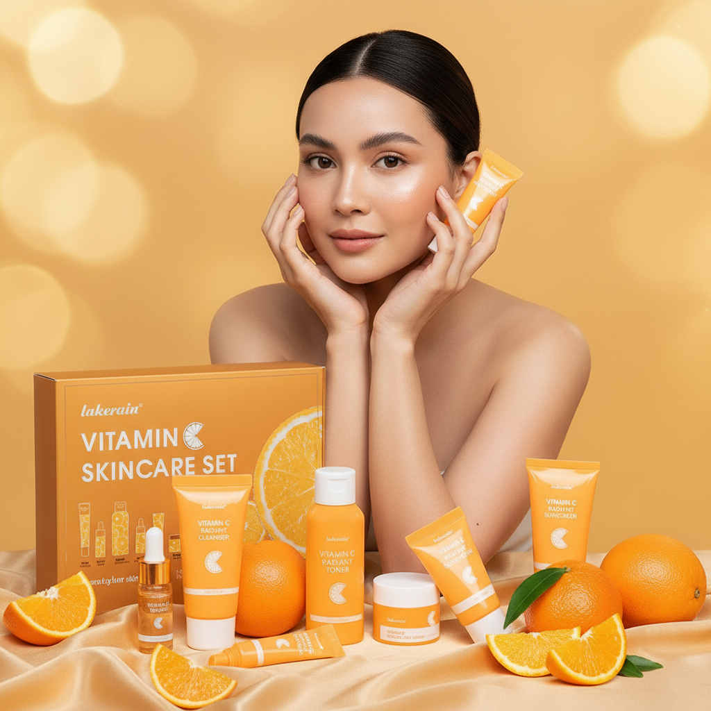 Woman with glowing skin holding Vitamin C skincare set