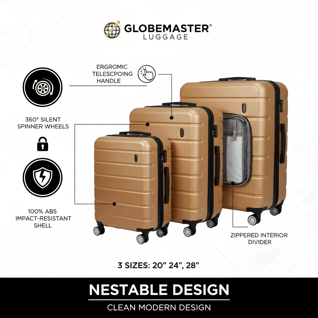 Champagne ABS hardshell luggage set features infographic