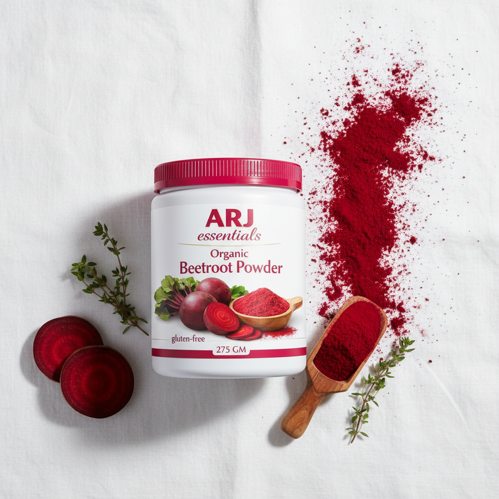 ARJ Organic Beetroot Powder — powder flatlay on white linen