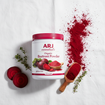 ARJ Organic Beetroot Powder — powder flatlay on white linen