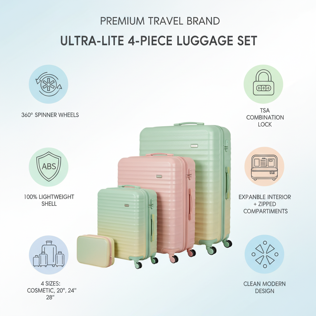 4-piece hardshell luggage set features infographic
