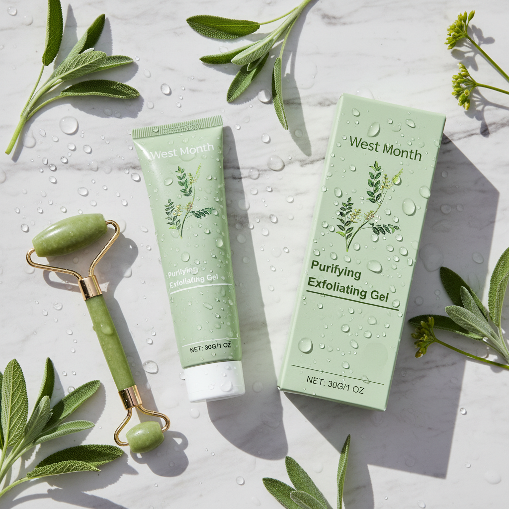 West Month Exfoliating Gel — marble flatlay with jade roller