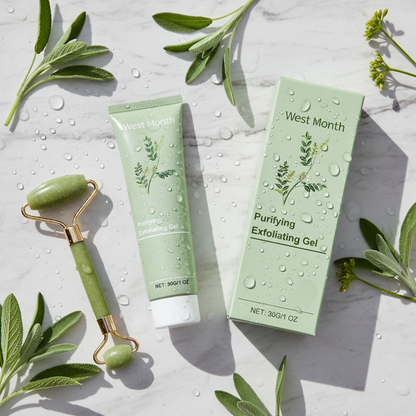 West Month Exfoliating Gel — marble flatlay with jade roller