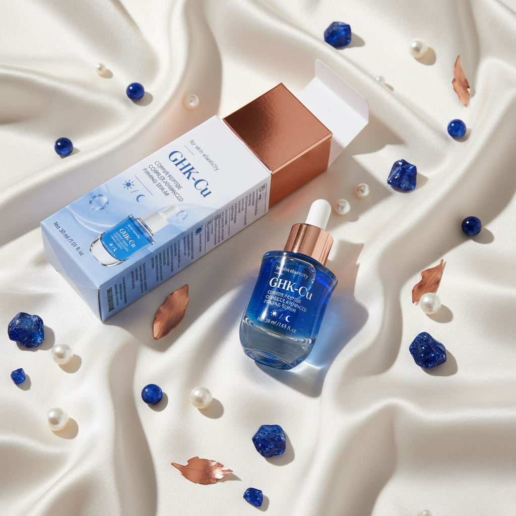 GHK-Cu Serum ivory silk flatlay with sapphire crystals and pearls