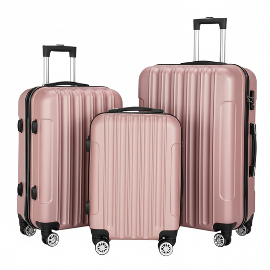 3-piece rose gold ABS spinner luggage set on white background