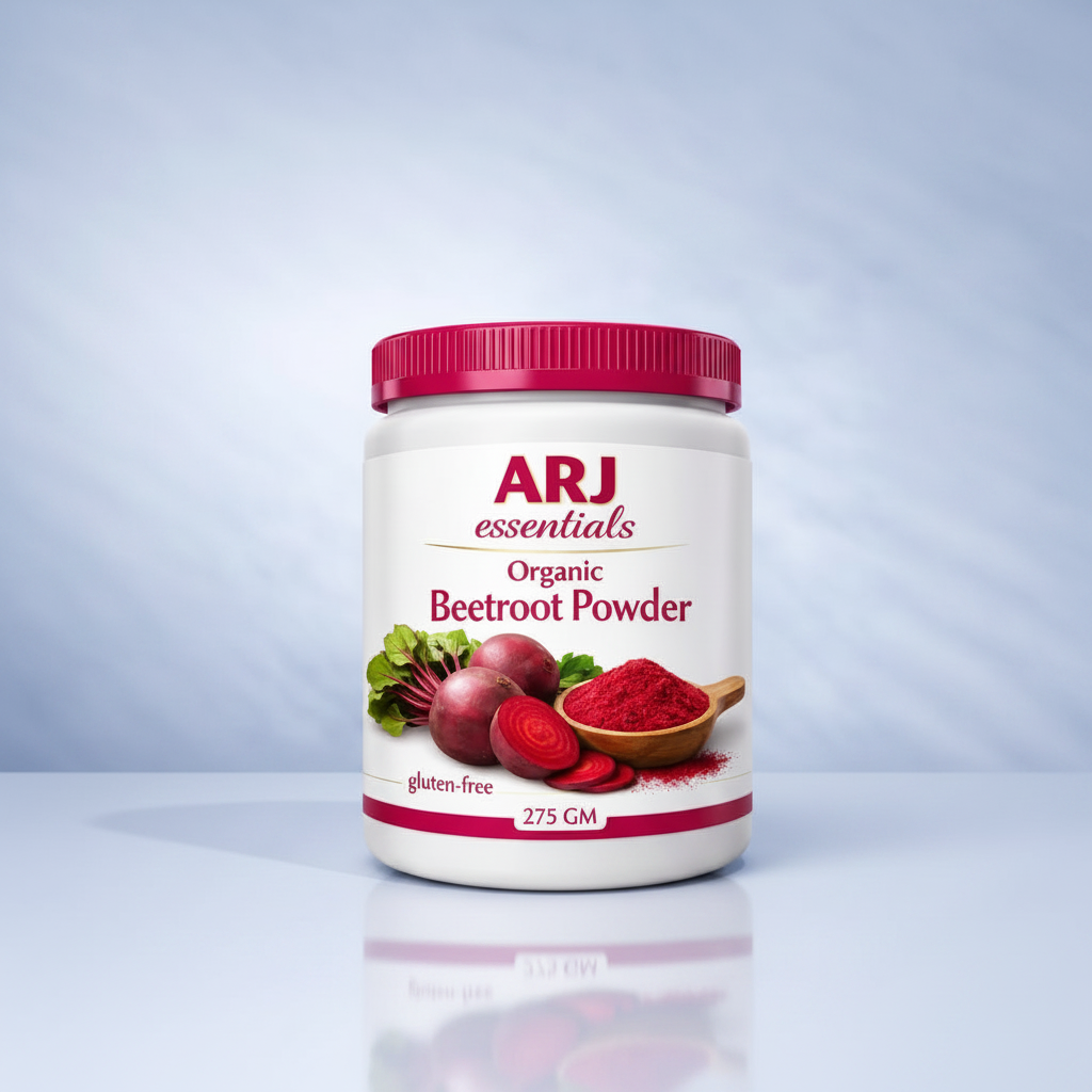 ARJ Organic Beetroot Powder — hero campaign on blue gradient