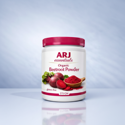 ARJ Organic Beetroot Powder — hero campaign on blue gradient