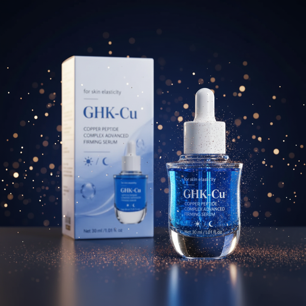 GHK-Cu Serum midnight blue with golden bokeh and copper dust