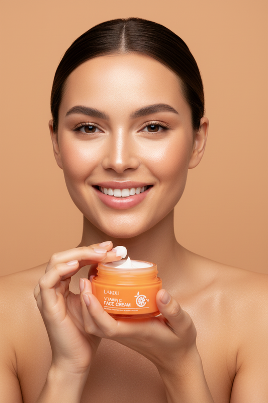 Woman with glowing skin holding jar
